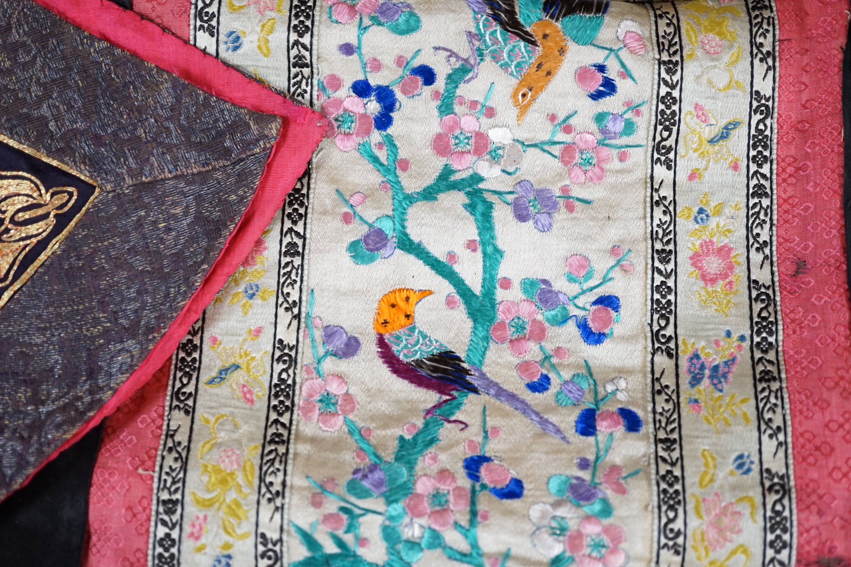 Two mid 20th century Chinese embroidered Rank Badges, a large gold thread dragon embroidered collar, three Chinese embroidered panels and a Japanese 1930’s Shantung silk dragon embroidered Kimono dressing gown